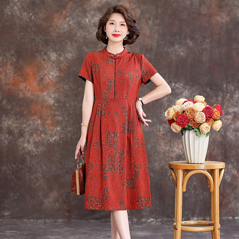 齐黛品牌真丝连衣裙2025新款女夏红色妈妈中长款喜婆婆桑蚕丝裙子
