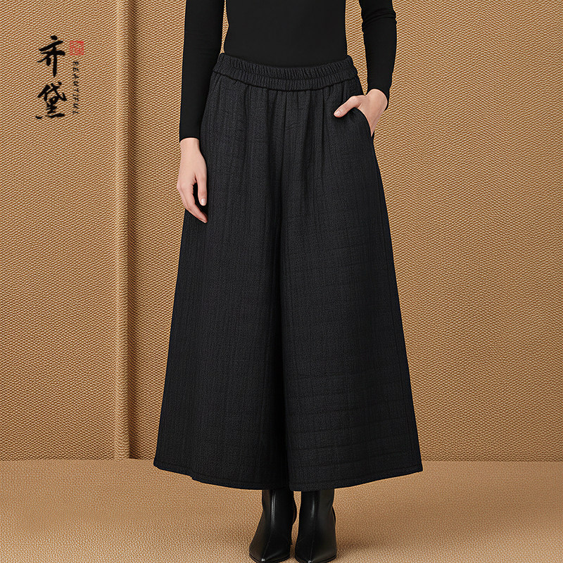 中年妈妈休闲裤女2025冬新款松紧腰加厚加绒宽松裙裤九分阔腿裤子