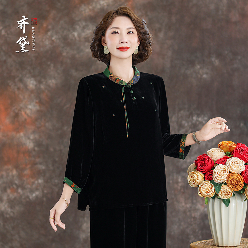 齐黛国际大牌真丝绒上衣女2025春秋新款国风优雅宽松桑蚕丝衬衫