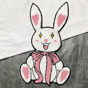白色兔子图案贴羽绒服大号刺绣布贴手缝外套羽绒服破洞补丁贴毛绒