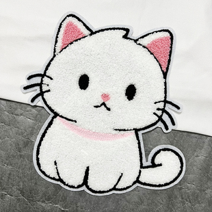 白色猫咪补丁贴儿童卡通衣服裤子破洞修复贴背包装饰毛绒布贴大号