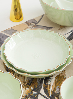 盘子家用高级感轻奢菜盘北欧风创意金边浮雕陶瓷双耳汤盆超大鱼盘