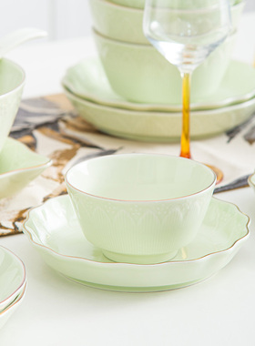 雅诚德荷塘月色简约浮雕菜盘轻奢家用陶瓷碗炫彩中式纯色面碗汤碗