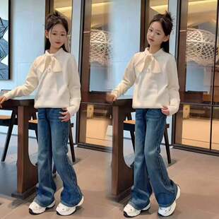 女童年货毛衣套装甜美风毛衣针织衫中大童时尚烫钻加绒牛仔喇叭裤