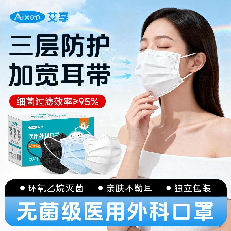 医用外科黑色口罩一次性独立包装图片