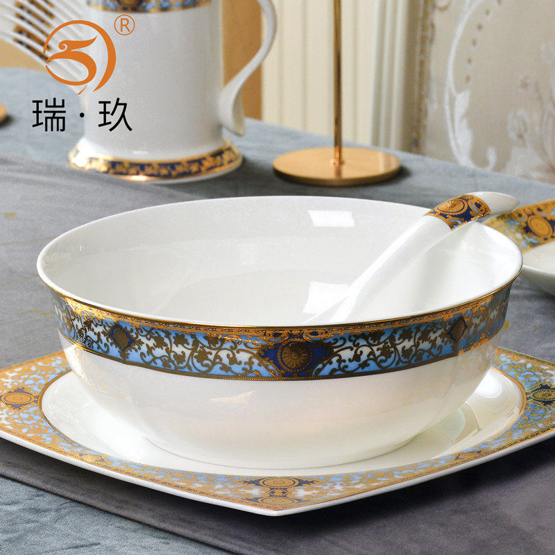 瑞玖 家用骨瓷大汤碗9英寸面碗大号盛汤餐具完轻奢浮雕金单个饭碗