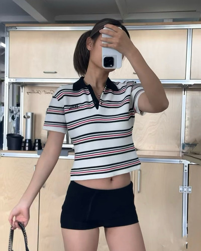 复古气质美高风质感条纹polo衫