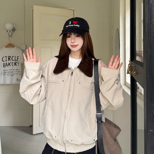 实拍美式复古巴恩风拼色工装外套秋季中性风短款翻领休闲夹克