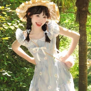 甜美可爱蓝色小飞袖 初恋小个子收腰公主裙 碎花连衣裙子女夏季 法式