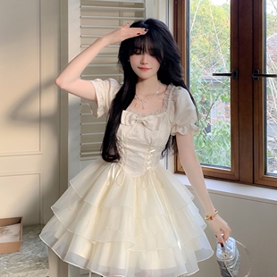 连衣裙蓬蓬裙女春夏 Blovelan清风铃兰甜美公主风蝴蝶结欧根纱短款