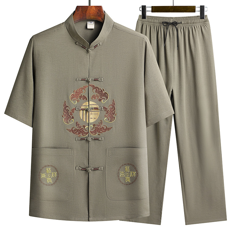 T201P42圆福重新短袖爸爸装风盘扣唐装居士服爷爷装太极服男,男装民族服装,星座1108-2