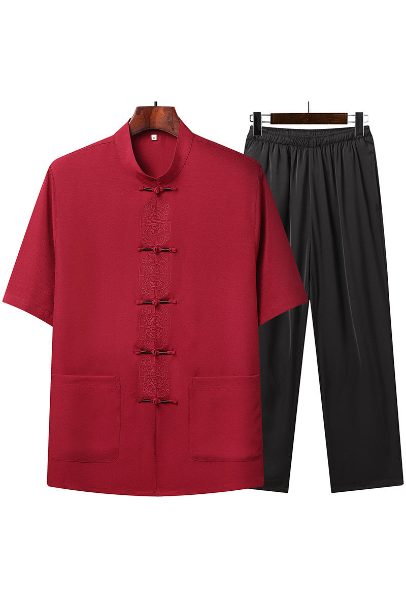 T209P55风盘扣汉服爸爸装太极服中老年夏季短袖唐装爷爷套装,男装民族服装,星座1108-2