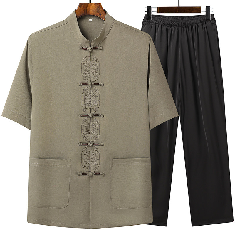 T209P55风盘扣汉服中老年夏季短袖唐装爷爷套装爸爸装太极服,男装民族服装,星座1108-2