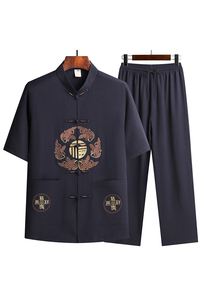 T201P42圆福重新短袖爸爸装风盘扣唐装居士服爷爷装太极服男图片