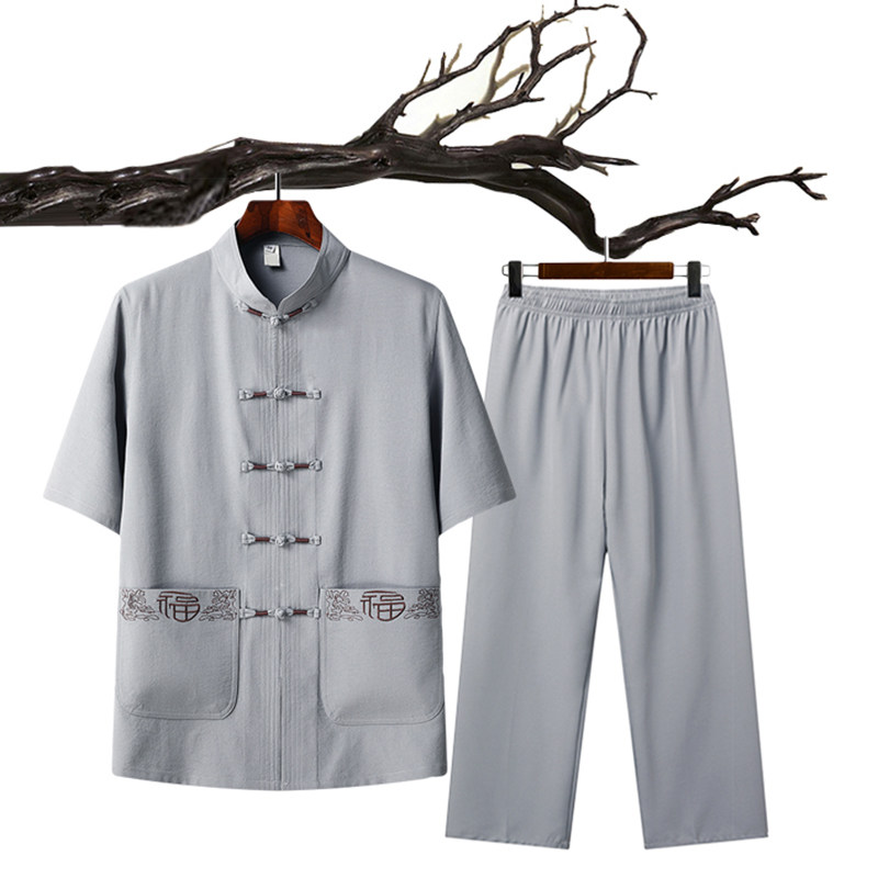 T215风爸爸装盘扣太极服汉服中老年夏季短袖唐装禅意套装,男装民族服装,星座1108-2