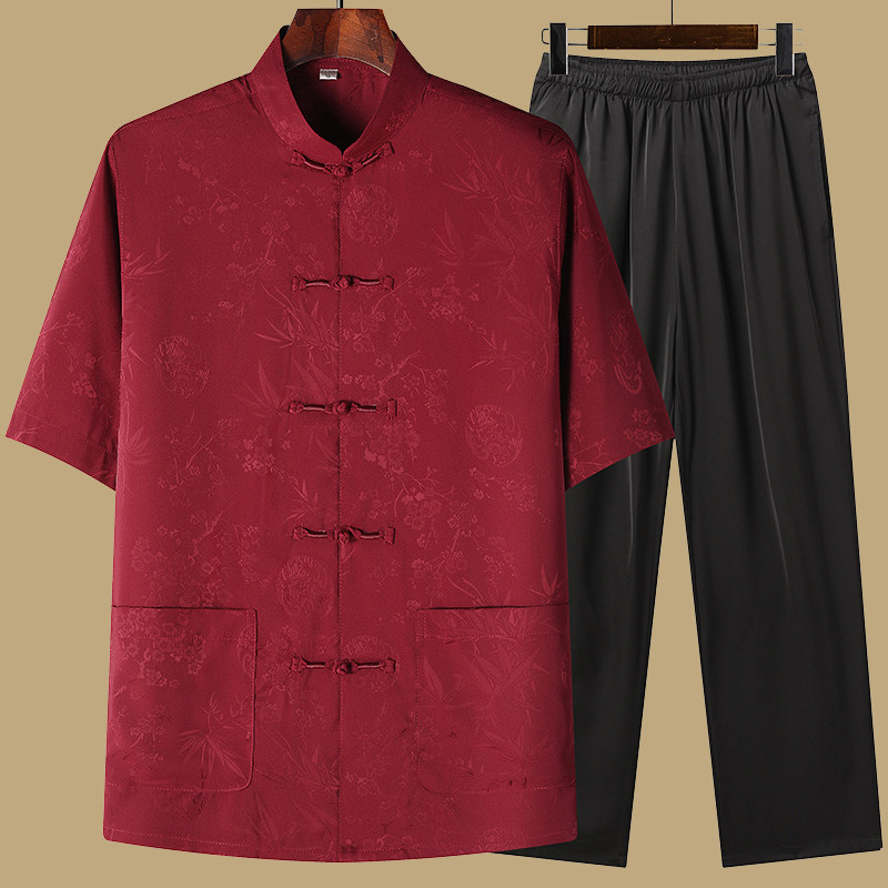 中老年唐装风盘扣汉服夏季短袖居士服太极服爸爸装T212P75图片