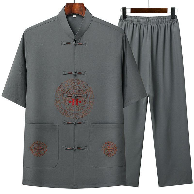 T206P42中老年夏季短袖唐装套装爸爸装太极服风盘扣汉服爷爷,男装民族服装,星座1108-2