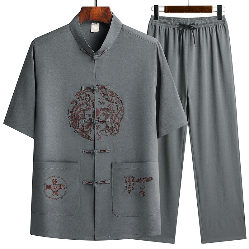 特批风盘扣汉服夏季短袖唐装居士服爸爸装太极服T211P40,男装民族服装,星座1108-2