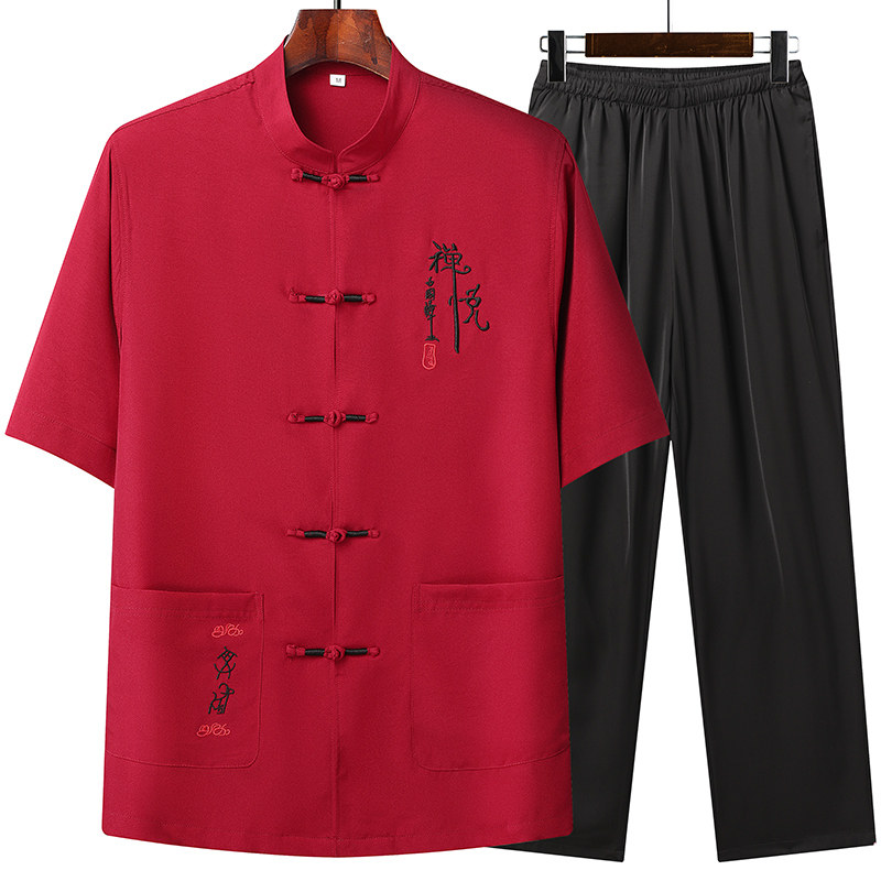 T208P55爸爸装太极服风盘扣汉服中老年夏季短袖唐装禅意套装,男装民族服装,星座1108-2