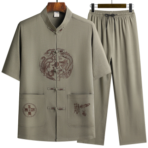特批风盘扣汉服夏季短袖唐装居士服爸爸装太极服T211P40图片