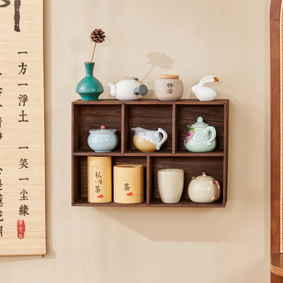 实木收纳格子挂墙上置物架茶具架