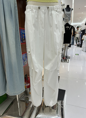 欧洲站2025春白色窄版直筒阔腿美式高街松紧腰高级薄料休闲工装裤