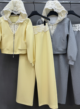 欧洲站2026早秋女V+.com连帽拼接蕾丝假两件外套+休闲裤套装60658