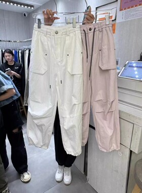 春夏新款2026年欧洲站N24-271宽松工装高腰抽绳束脚休闲裤女潮