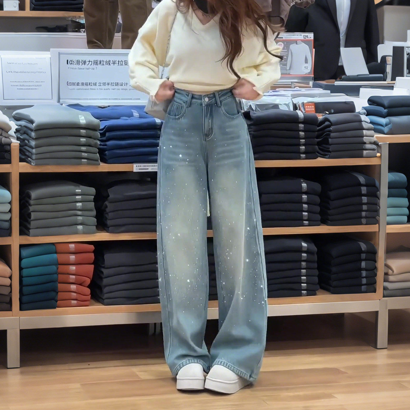 满天星烫钻阔腿牛仔裤女2025冬新款加厚加绒小个子垂感蓝色直筒裤,女装/女士精品,大码裤装,淘宝优惠券,粉丝福利购,淘宝优惠卷