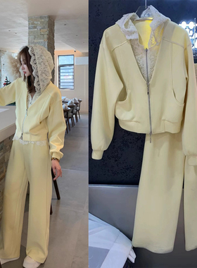 欧洲站2026春季新款欧货女拼蕾丝连帽外套+休闲裤套装60658