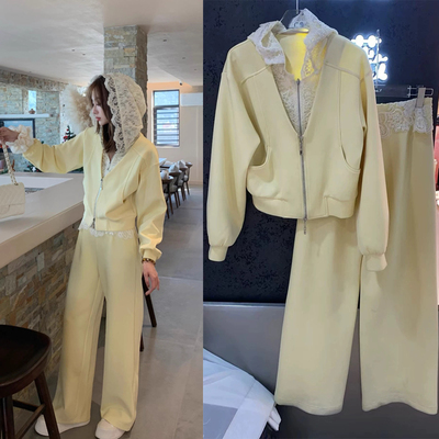 欧洲站2026春季新款欧货女拼蕾丝连帽外套+休闲裤套装60658