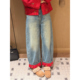 拼色翻边 长裤 好运小马裤 重工国风刺绣水洗做旧弯刀阔腿牛仔裤