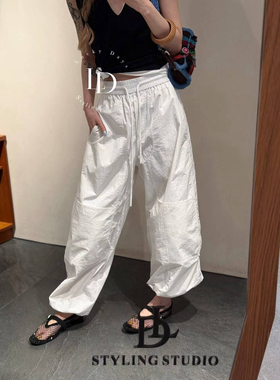 白色工装裤女春夏2026新款高腰休闲阔腿裤薄款宽松直筒运动伞兵裤