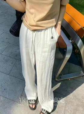 非市场25春夏小众设计感亚麻白色高腰抽绳阔腿直筒裤女