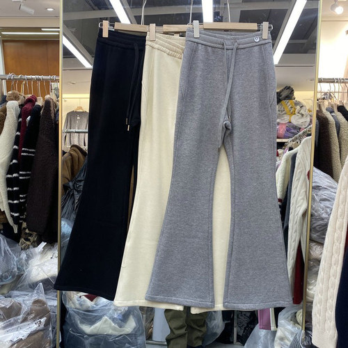 欧洲站2025早秋新款欧货精品女时尚松紧腰高腰抽绳加绒纯色微喇裤