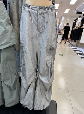 2025秋季新款时髦街头光泽感灰色调节口袋宽松阔腿抽绳工装休闲裤