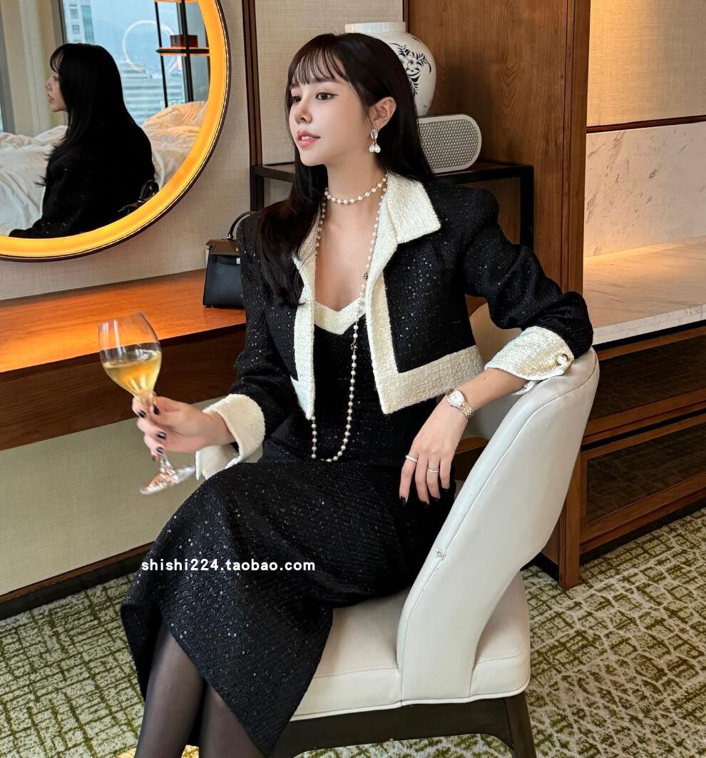 韩国官网代购冬款小优雅拼色钩边吊带连衣裙粗花呢短外套套装