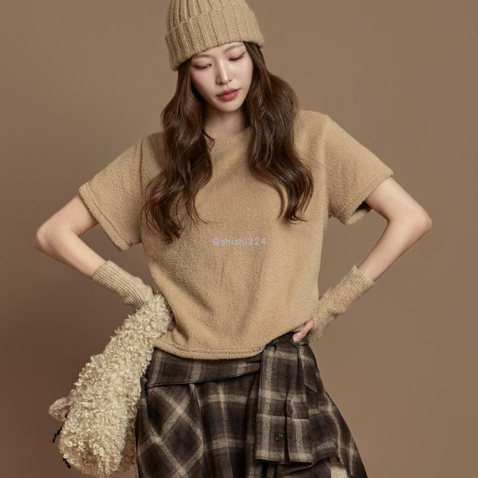 韩国直邮DINT正品代购百搭毛绒针织短袖圆领拉绒T恤