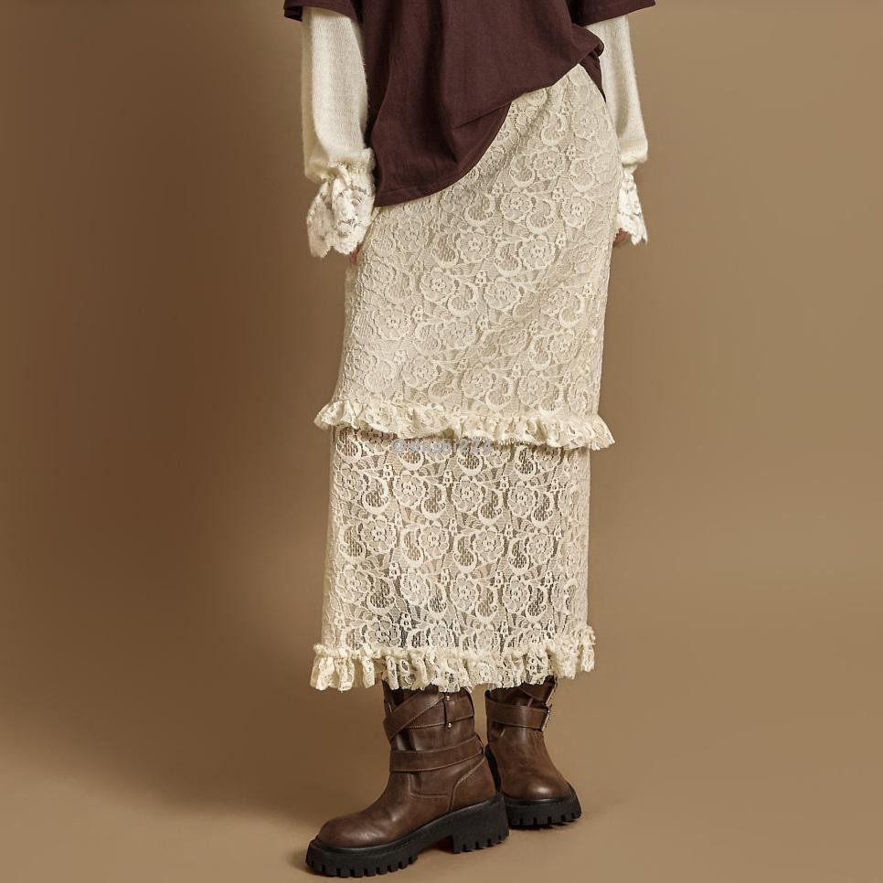 韩国官网DINT正品代购休闲百搭荷叶边蕾丝长裙半身裙