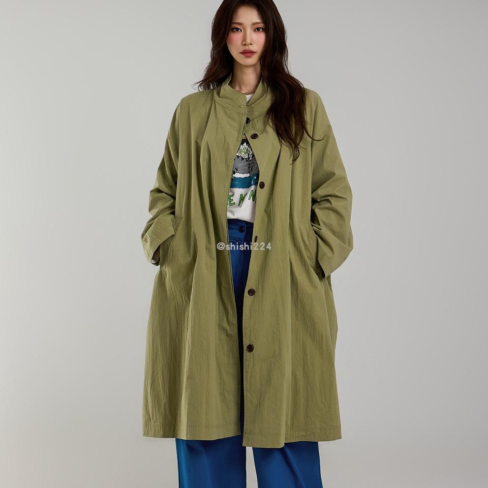 韩国直邮DINT正品代购两侧袋后开叉高领超宽松休闲风衣外套