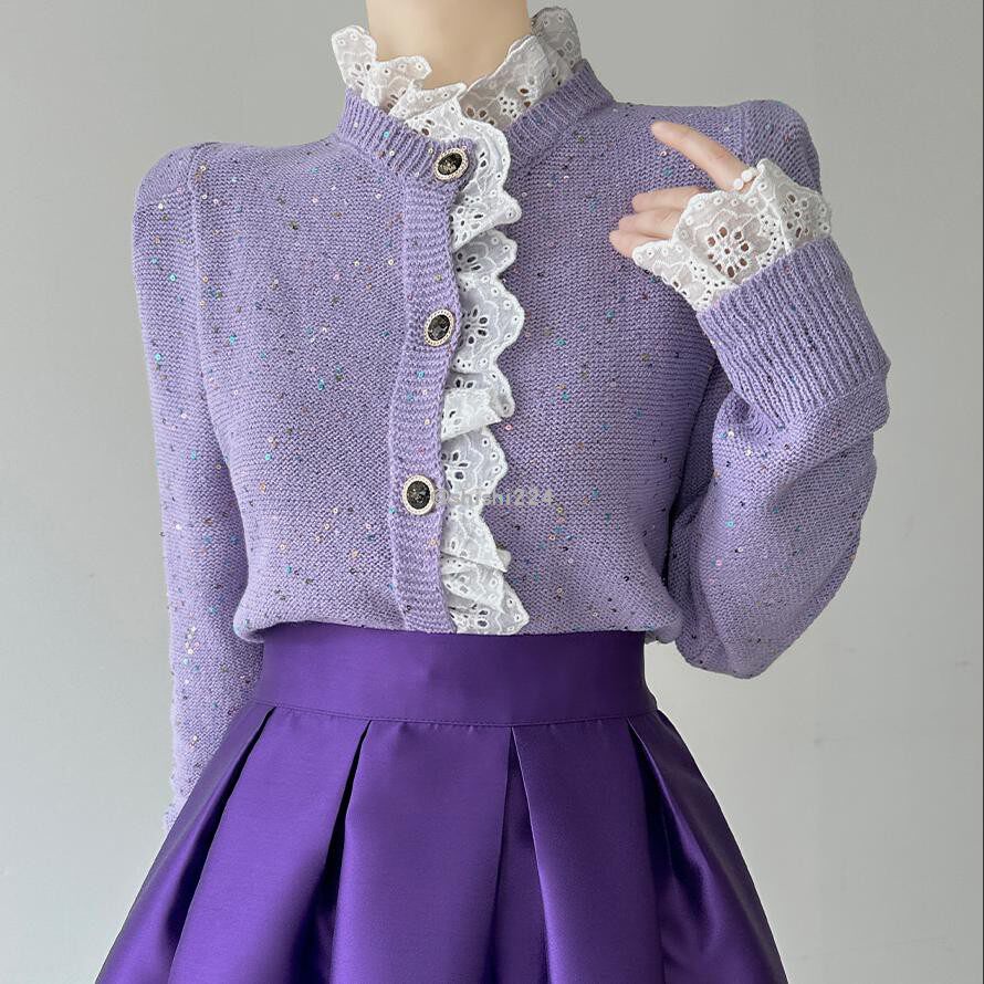 韩国官网代购秋款半糖主义甜美镂空拼色边彩色亮片修身款针织开衫