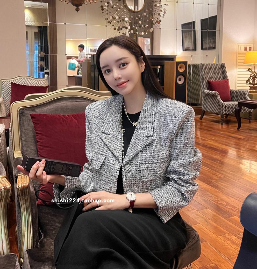 韩国官网代购秋款轻熟风优雅单排扣口袋设计粗花呢西装短外套