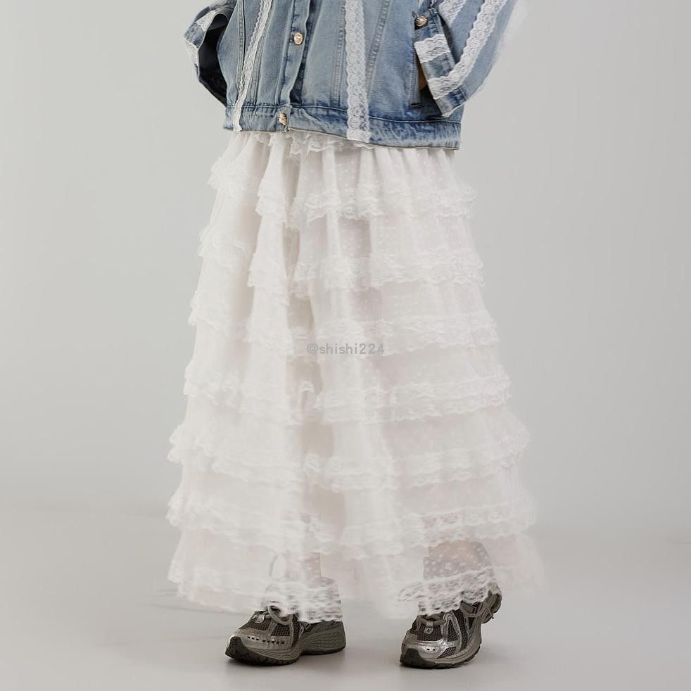 韩国直邮DINT正品代购浪漫松紧腰层叠荷叶边蕾丝长裙半身裙