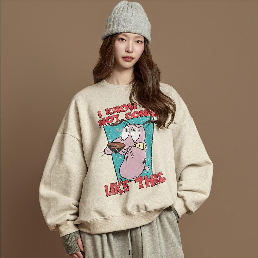 韩国直邮DINT正品代购卡通图案落肩长袖圆领超宽松拉绒卫衣