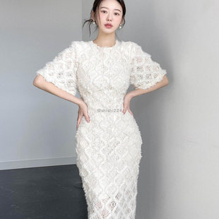修身 透视毛边蕾丝点缀肩垫短袖 连衣裙 代购 韩国直邮正品