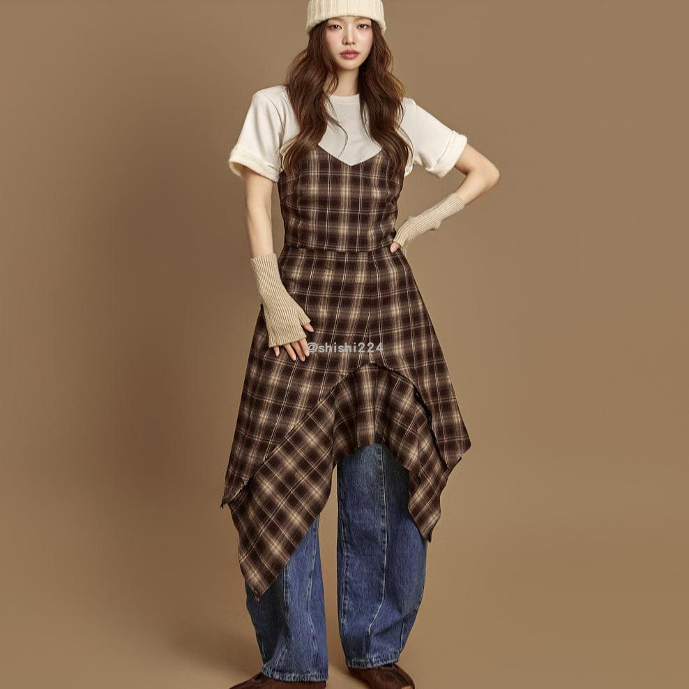 韩国直邮DINT正品代购不规则摆毛边修身吊带格子图案连衣裙