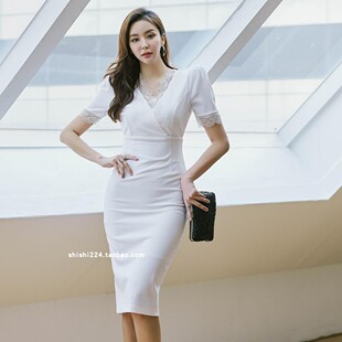 韩国代购 3.21优雅蕾丝V领收腰包臀显瘦连衣裙 2023年春款