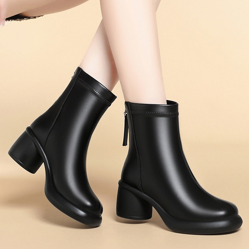 2025年秋冬新款真皮加绒短靴女粗跟鞋皮靴马丁靴白色瘦瘦靴妈妈鞋,女鞋,时装靴,淘宝优惠券,粉丝福利购,淘宝优惠卷