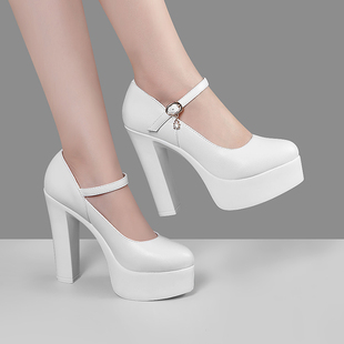 模特走秀单鞋 防水台白色旗袍鞋 粗跟高跟鞋 牛皮卷13cm超高跟尖头鞋