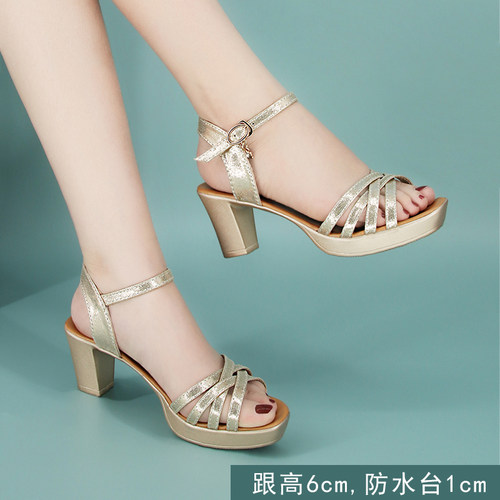 凉鞋女款2026新款6cm金色中跟鱼嘴凉鞋女夏一字扣露趾高跟凉托鞋